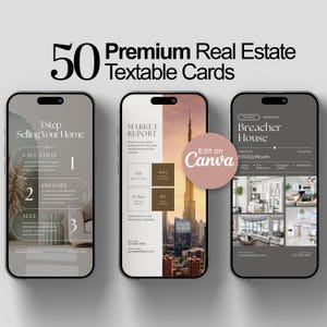 Offre groupée textos pour l'immobilier | 50 modèles de toile textable pour l'immobilier | Marketing pour agents immobiliers | Cartes de visite numériques modifiables, téléchargement immédiat
