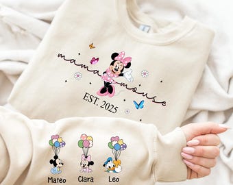 Sudadera con capucha personalizada de Disney Mama Mouse, camiseta Disney Mama Est. 2025, sudadera con nombre de niño en la manga, regalo para el Día de la Madre, camiseta Minnie Mama