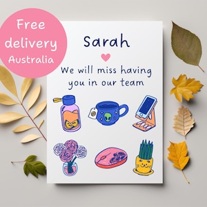 Custom coworker office farewell card; farewell peraonalised card for colleague leaving the team; cute office desk themed goodbye card