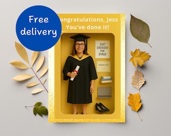 May include: A graduation-themed card with a photo of a graduate in a cap and gown, holding a diploma. The card is yellow with the text "Congratulations, Jess, You've done it!" and "Just crossed the stage".