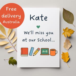 Tarjeta de despedida personalizada para maestros; tarjeta personalizada para maestros que salen de la escuela; linda tarjeta de despedida de papelería para maestros de escuela