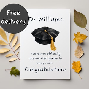 Tarjeta de felicitación personalizada por graduación de doctorado; Tarjeta personalizada para graduados de doctorado; Tarjeta de graduación con gorro de doctorado; Tarjeta divertida para graduados de doctorado.