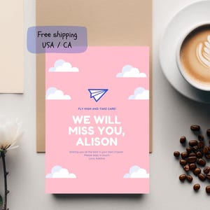 Personalized Farewell Card with Pink Paper Plane Design