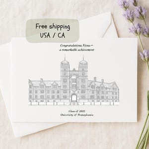 Carte de graduation universitaire personnalisée en dessin au trait Livraison gratuite aux États-Unis ; Carte personnalisée de remise des diplômes de l'Université de Pennsylvanie pour la famille ou les amis