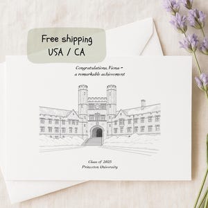 Carte de graduation universitaire personnalisée en dessin au trait Livraison gratuite aux États-Unis ; Carte personnalisée de remise des diplômes du campus de Princeton pour fille ou fils, ami