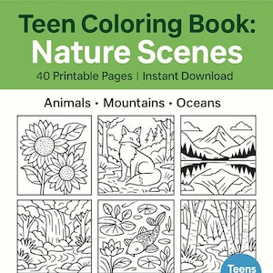 Teen Coloring Book: Nature Scenes – 40 Printable Pages | Animals, Mountains, Oceans | Instant Digital Download