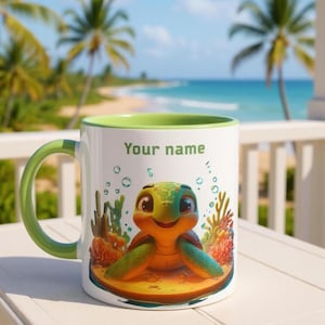 Personalized Charming Sea Turtle Mug - Coffee Mug - Fun Ceramic Design with Green Interior & Handle | Perfect Gift for Sea Turtle Lovers
