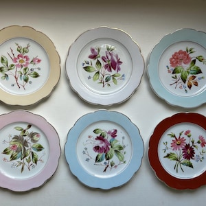 Antique Hand-Painted &quot;BSM&quot; Porcelain Dessert Plates with Flowers