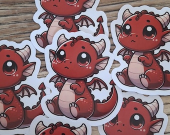 Leuke sticker rode Chibi-draak | Glanzende vinylstickers