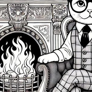 Elegant, sofistikerad kattmålarbild | Mysig öppen spisscen | Utskrivbar kattkonst för barn och vuxna