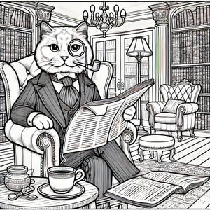 Sofistikerad katt i bibliotek med kaffe – Elegant kattkonst, antropomorfisk djurillustration