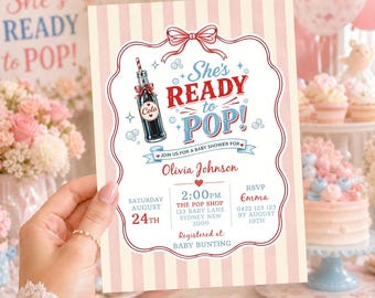 Invito per baby shower "È pronta a partorire", invito per baby shower a tema bibite rosa, modello per baby shower retrò per bambina / BS04