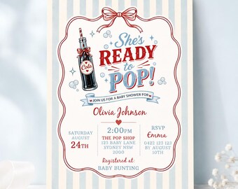 Invito per baby shower "È pronta a partorire", invito a tema bibite gassate retrò, modello modificabile per baby shower per maschietto / BS04