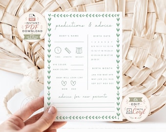 Biglietti per previsioni per il baby shower stampabili, gioco "Indovina le statistiche del bambino", biglietti con consigli per il bebè, attività per baby shower con download immediato / BS01GRN