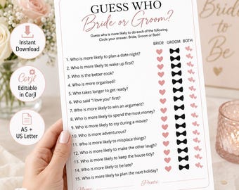 Indovina chi è la sposa o lo sposo, giochi per addio al nubilato/celibato, giochi per addio al nubilato/celibato, giochi di fidanzamento, gioco per addio al nubilato, stampabile e modificabile