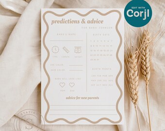 Karty z przewidywaniami na baby shower w stylu boho | Porady dla rodziców (do natychmiastowego pobrania, szablon 5x7 i A5 do edycji) | BS03