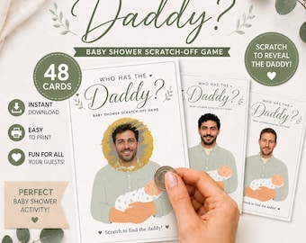 Gra „Zdrapka dla taty”, „Kto ma tatę?”, „Kto jest tatą?”, „Kto ma tatę?”, „Gra zdrapka dla taty na baby shower”