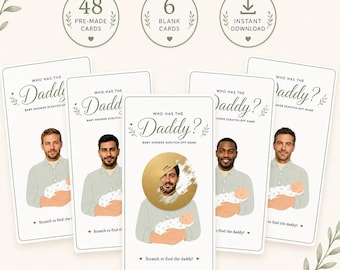 Gioco gratta e vinci "Chi ha il papà?", Gioco per baby shower "Chi è il papà?", Trova il papà del bambino, Carte gratta e vinci "Papà" stampabili