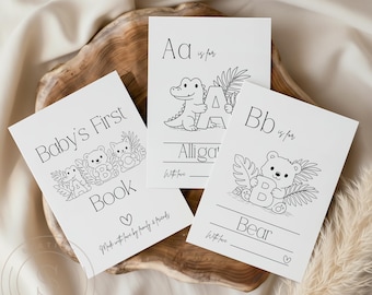 Kolorowanka "Pierwszy alfabet" do druku, gra edukacyjna na baby shower, kolorowanki z literami alfabetu, księga gości DIY do natychmiastowego pobrania