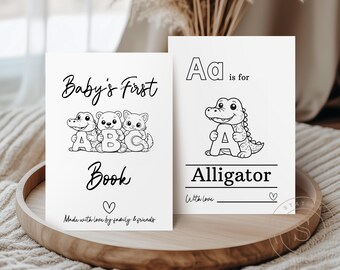 Gra z alfabetem na baby shower do druku, pierwsza książeczka z alfabetem dla dziecka, kolorowanki z alfabetem, zabawa dla gości na baby shower, pamiątka z baby shower