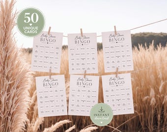 Cartelle del bingo per baby shower precompilate, 50 giochi di bingo unici per bambini, attività stampabile per baby shower, adatta a entrambi i sessi, download immediato.