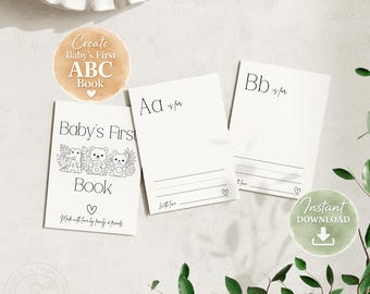 Gioco del libro dell'alfabeto per baby shower, attività per il primo libro dell'alfabeto del bambino, disegna le tue pagine dell'alfabeto, ricordo stampabile per baby shower da scaricare