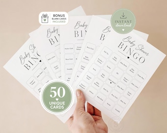 Bingo na Baby Shower, 50 wstępnie wypełnionych kart do gry w bingo dla niemowląt, gra na Baby Shower do druku, minimalistyczna, neutralna pod względem płci, natychmiastowe pobranie