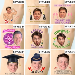 May include: A collection of nine custom temporary tattoo designs featuring various portraits and themes. Styles include a bodybuilder, champagne celebrations, disco balls, graduation caps, fedoras, and personalized text like 'Matt Popped The Question'.