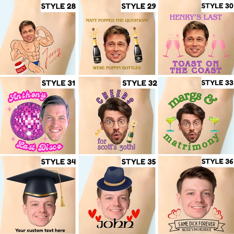 May include: A collection of nine custom temporary tattoo designs featuring various portraits and themes. Styles include a bodybuilder, champagne celebrations, disco balls, graduation caps, fedoras, and personalized text like 'Matt Popped The Question'.