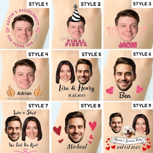 May include: A collection of nine temporary tattoo designs featuring various custom portraits of individuals and pets, accompanied by personalized text such as names, dates, and event themes like bachelorette parties, all displayed in a grid layout.