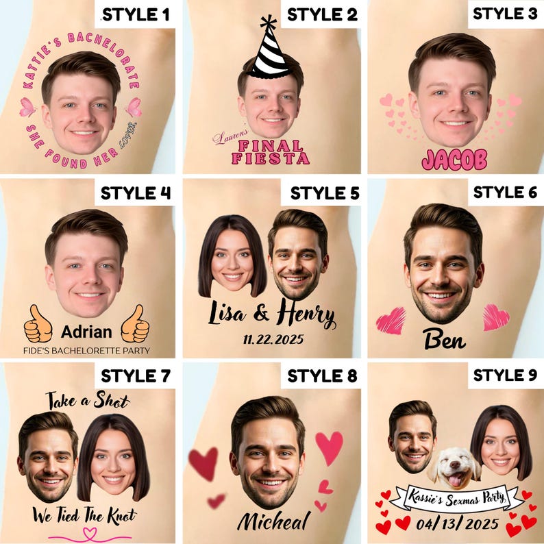 May include: A collection of nine temporary tattoo designs featuring various custom portraits of individuals and pets, accompanied by personalized text such as names, dates, and event themes like bachelorette parties, all displayed in a grid layout.