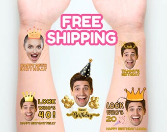 Custom Face Tattoos, Birthday Tattoos, Custom Temporary Tattoos, Party Favor, Tattoo Gift, Milestone Birthday, Birthday Favors Bachelorette