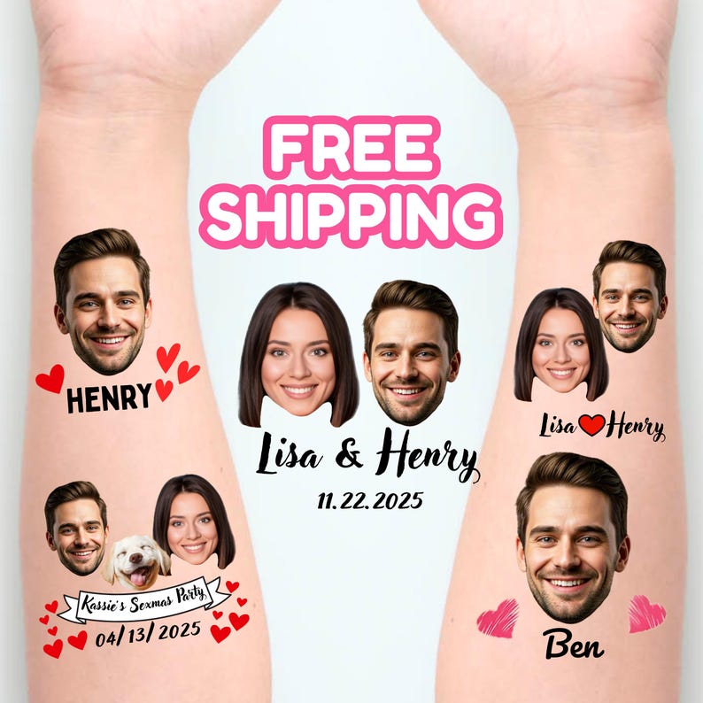 May include: A collection of temporary tattoos featuring various portraits of a man and a woman, a dog, and red heart graphics. Text includes names Henry, Lisa & Henry, Ben, and Kassie's Sexmas Party, along with the dates 11.22.2025 and 04/13/2025.