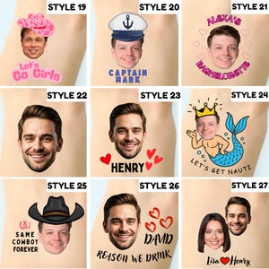 May include: A selection of temporary tattoos with diverse designs. Styles include a cowboy hat with the text "Let's Go Girls", a sailor hat with "Captain Mark", and a mermaid with "Let's Get Nauti". Other designs include faces with names and hearts.
