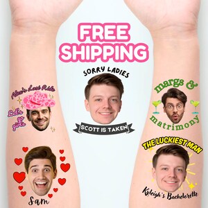 May include: Five temporary tattoos applied to skin featuring individual portraits of men. Designs include text such as Alex's Last Ride, Let's go girls, Sorry Ladies Scott is taken, margs & matrimony, Sam, The Luckiest Man, and Kyleigh's Bachelorette.