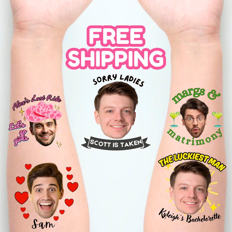 May include: Five temporary tattoos applied to skin featuring individual portraits of men. Designs include text such as Alex's Last Ride, Let's go girls, Sorry Ladies Scott is taken, margs & matrimony, Sam, The Luckiest Man, and Kyleigh's Bachelorette.