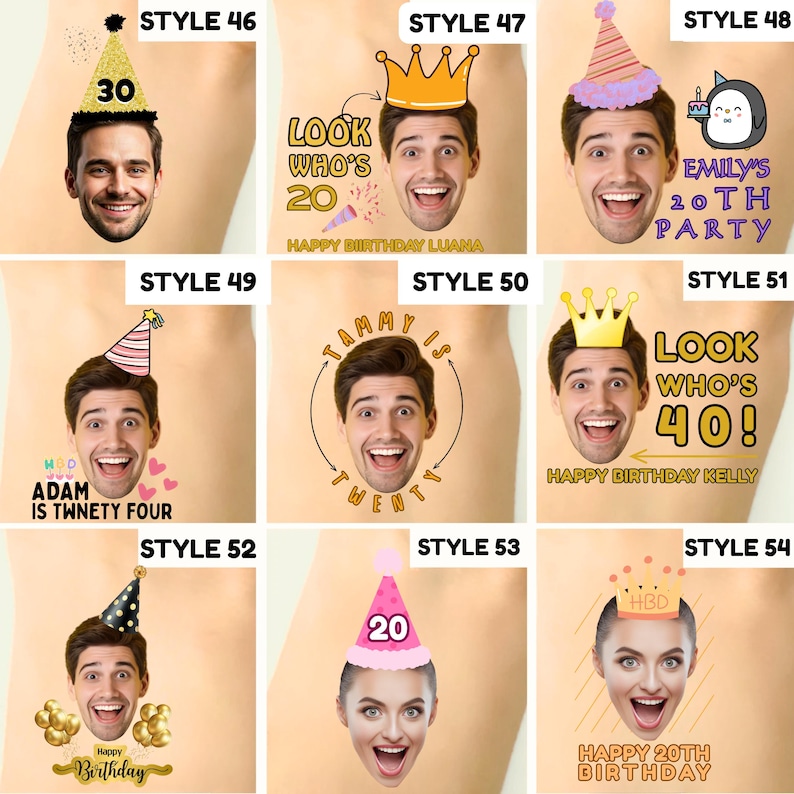 May include: A collection of nine personalized birthday graphic designs featuring various faces wearing party hats or crowns. Each design includes text such as Style 46 through 54, names like Luana, Adam, Tammy, Kelly, and Emily, and age-related birthday messages.