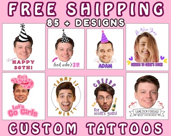 Custom Face Tattoos, Birthday Tattoos, Custom Temporary Tattoos, Party Favor, Tattoo Gift, Milestone Birthday, Christmas Halloween Tattoos