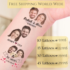 May include: Custom temporary tattoos featuring faces, names, and dates. The design includes images of couples and a dog, with text that reads "Erdnk & Alice", "Henry & Lisa", and "The Smith's". The tattoos are displayed on a light pink surface.