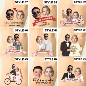 May include: A collection of nine custom temporary tattoo designs featuring illustrated wedding couples with realistic faces. Styles 37 through 45 display various poses, including portraits, couples on a bicycle, and banners with names like Jacob & Emma, Jennifer & Ben, Joseph & Lauren, and Mark & Ashlee.