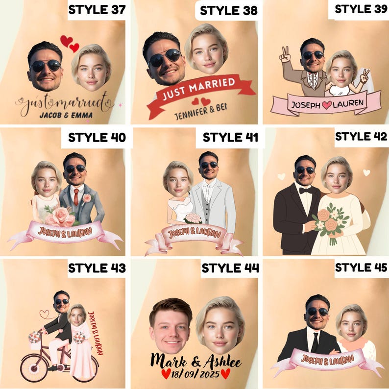 May include: A collection of nine custom temporary tattoo designs featuring illustrated wedding couples with realistic faces. Styles 37 through 45 display various poses, including portraits, couples on a bicycle, and banners with names like Jacob & Emma, Jennifer & Ben, Joseph & Lauren, and Mark & Ashlee.