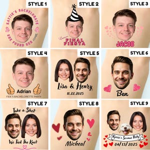 May include: A collection of nine temporary tattoo designs featuring various custom portraits of individuals and pets, accompanied by personalized text such as names, dates, and event themes like bachelorette parties, all displayed in a grid layout.