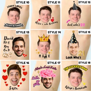 May include: A collection of nine temporary tattoos featuring individual portraits of men with various graphic elements including text like Sorry Ladies, Mark's 30th Birthday, Look Who's 31, David Put A Ring On It, Mark 21, Look Who's 21, Sam, Alex's Last Ride, and The Luckiest Man.