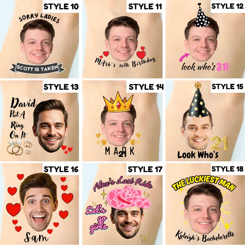 May include: A collection of nine temporary tattoos featuring individual portraits of men with various graphic elements including text like Sorry Ladies, Mark's 30th Birthday, Look Who's 31, David Put A Ring On It, Mark 21, Look Who's 21, Sam, Alex's Last Ride, and The Luckiest Man.
