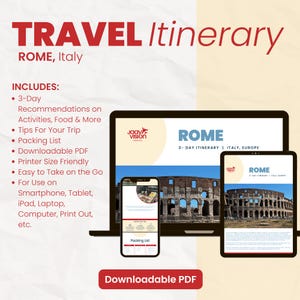 Rome Italy Itinerary Digital City Guide Travel Tips & Packing List Italy Trip Planner PDF Rome Vacation Download for First-Time Visitors