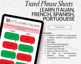 Hojas de frases para viajar, aprende italiano, francés, español y portugués (descarga digital en PDF)