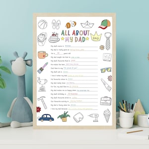 Alles over mijn vader Afdrukbare kaart Vaderdag Direct goed cadeau voor vader Kinderen Kleurvragenlijst Vaderdag kleurkaart Beste cadeau vader