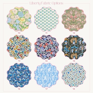Pu&ograve; includere: Immagine che mostra nove opzioni di tessuto con bordi smerlati, ognuna con un diverso design floreale o fantasia. I tessuti presentano una variet&agrave; di colori, tra cui blu, verde e rosso, con il testo "Liberty Fabric Options" in alto.