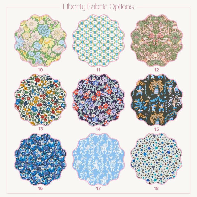 Pu&ograve; includere: Immagine che mostra nove opzioni di tessuto con bordi smerlati, ognuna con un diverso design floreale o fantasia. I tessuti presentano una variet&agrave; di colori, tra cui blu, verde e rosso, con il testo "Liberty Fabric Options" in alto.