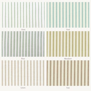 以下が含まれることがあります： Fern、Teal、Pine、Meadow、Linen、Tanとラベル付けされた、さまざまな色の縦縞模様の6つの生地見本。各見本は、ニュートラルな背景に対して、細い色の縞模様が繰り返されるパターンを表示しています。